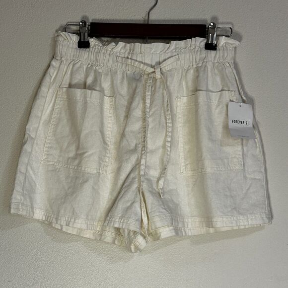 NWT Forever 21 Women Shorts Linen-Blend Paperbag Drawstring Pockets Large - Picture 4 of 14